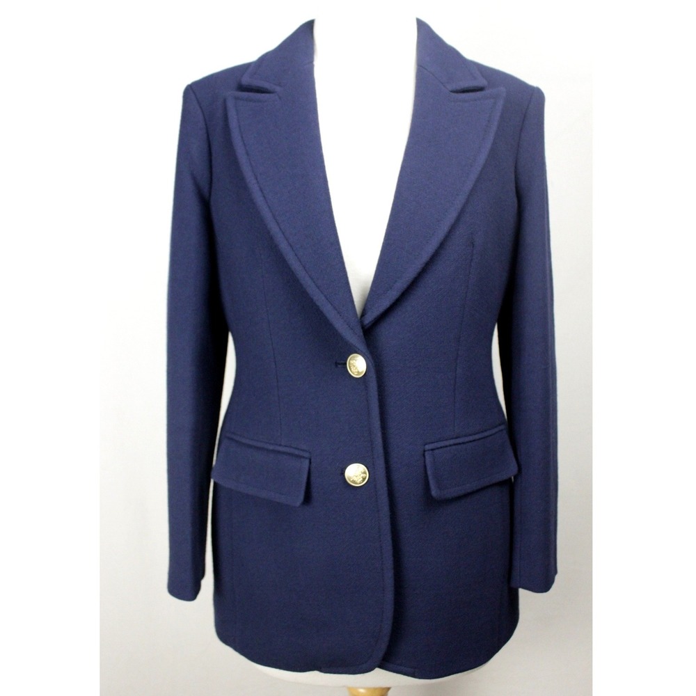 J.Crew Italian Double Cloth Wool Blazer Navy Gold Crest Buttons BV087 Sz 0 - Picture 2 of 13